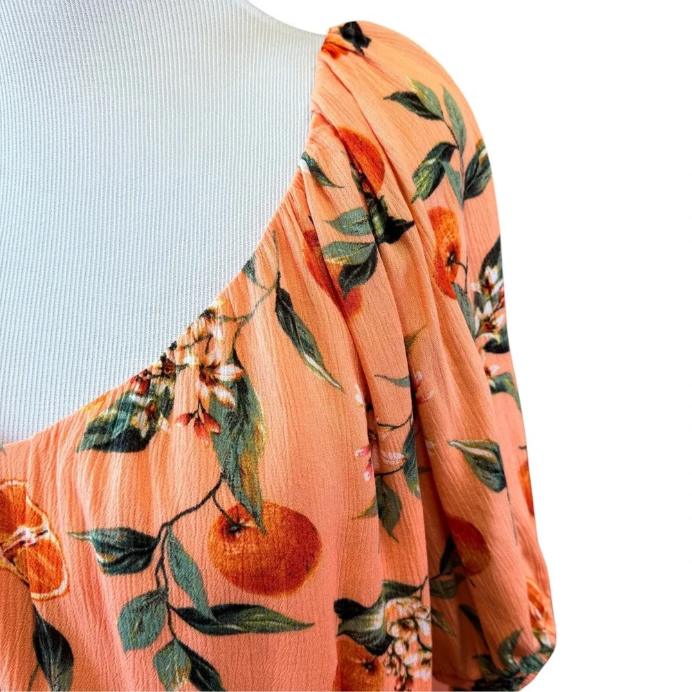 Loft Peach Orange Citrus Floral V-Neck Puff Sleeve Boho Cottagecore Blouse XL